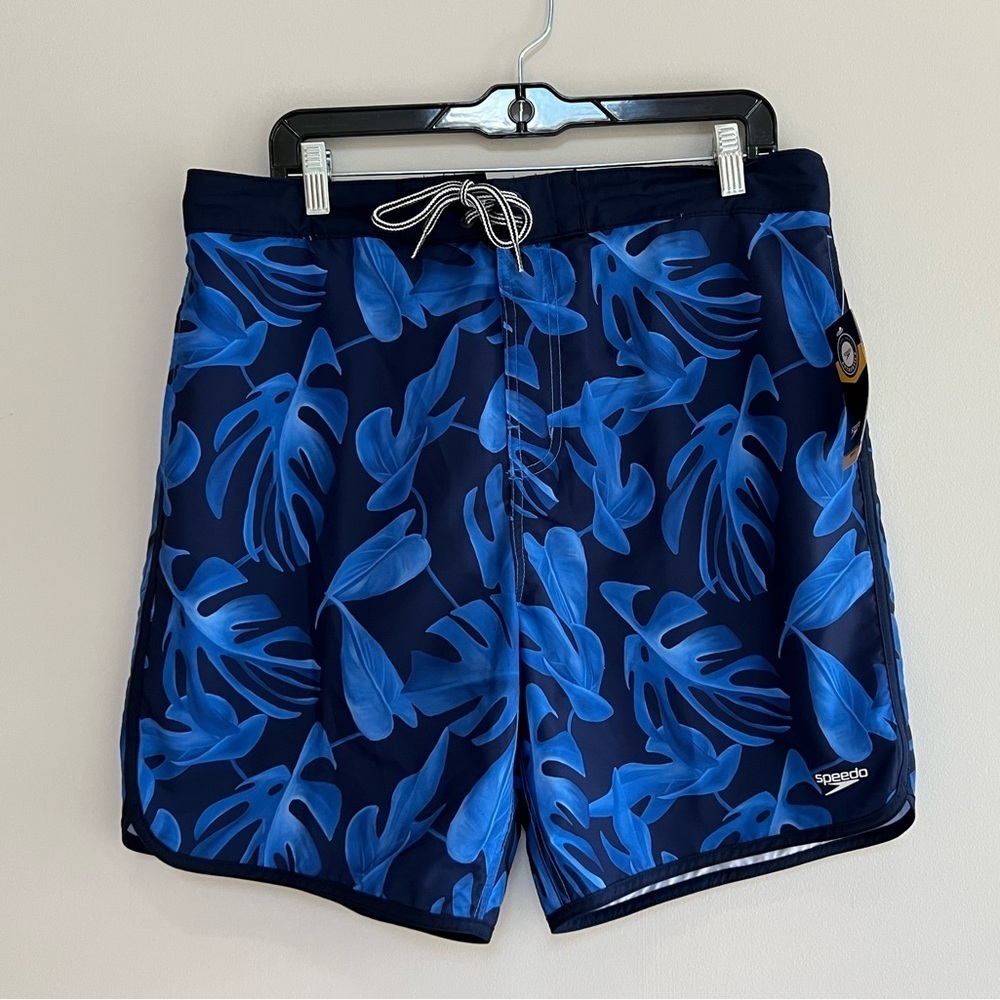 Speedo NWT Men's Tropical Fauna Leaf Swim Trunks UPF50+, Blue, XL